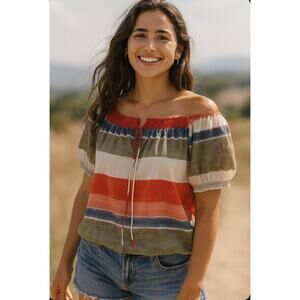 Ann Taylor Boho Striped Peasant Blouse Smocked Multicolor Red Blue Olive Top MP